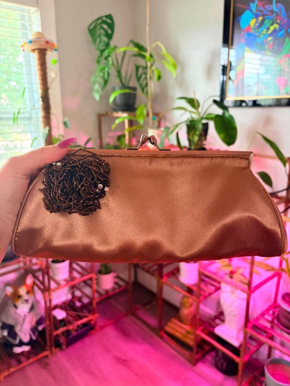 Carlo Fellini Bronze Satin Evening Clutch Beaded Floral Kiss Lock Bag